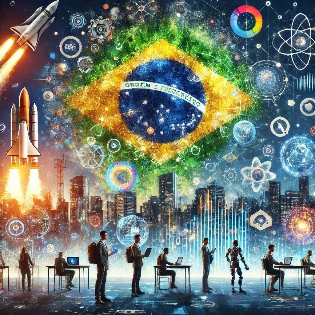 DALL·E 2024-12-04 17.18.01 - A vibrant and futuristic scene integrating space exploration, education, culture, Brazil, health, rockets, hi-tech, software, technology and science-f